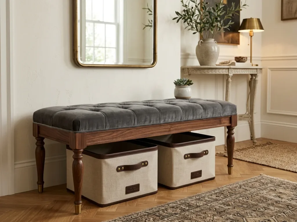 Tiny garage entry makeover with smart mudroom ideas, storage bench, wall hooks, baskets, and stylish organization for a small functional entryway.