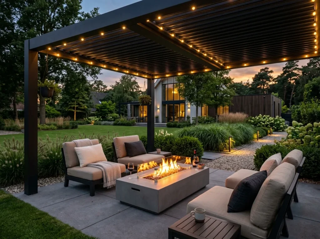 Glass roof pergola backyard with elegant seating and modern hanging lights.