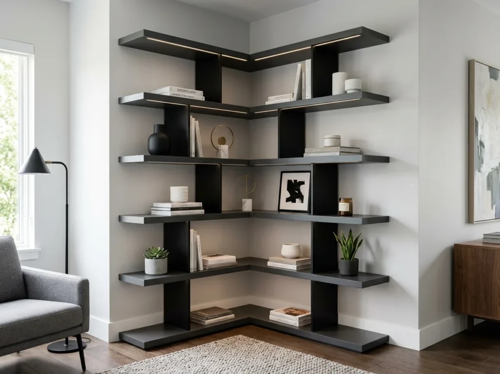 Luxury floating shelf corner decor with oak shelves, ceramic vases, books, framed art, and trailing plants for elegant modern home styling.