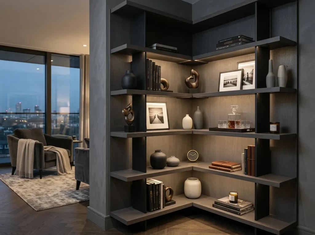 Modern floating corner shelves styled with books, ceramic vases, framed art, and greenery for elegant living room corner decor.