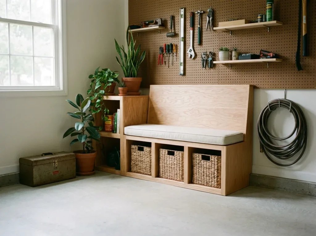 Tiny garage entry makeover with smart mudroom ideas, storage bench, wall hooks, baskets, and stylish organization for a small functional entryway.