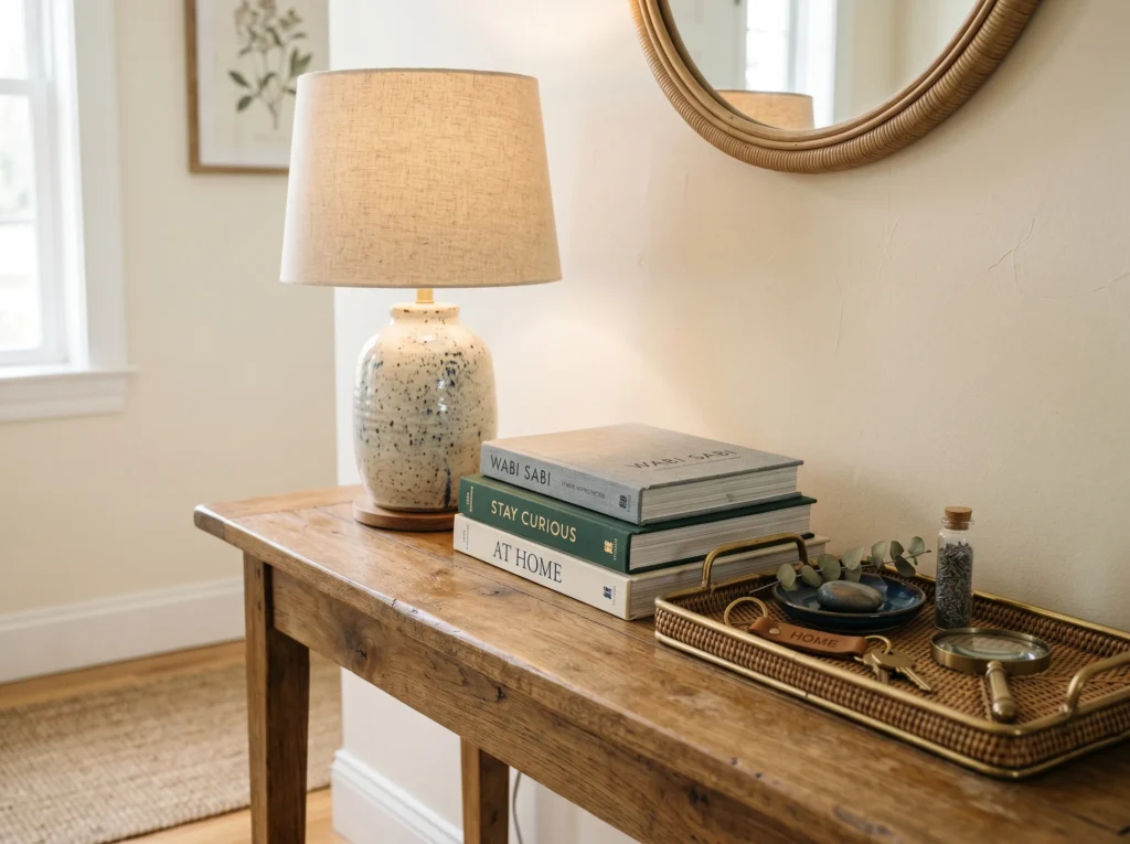 entryway decor ideas with stylish console table, mirror, plants, and warm lighting creating a welcoming home entrance