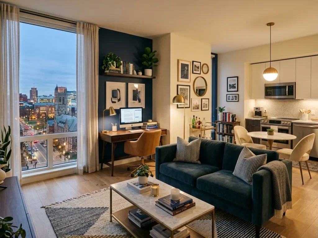 Cozy college apartment decor ideas with stylish furniture, warm lighting, aesthetic wall decor, and smart storage for student living spaces