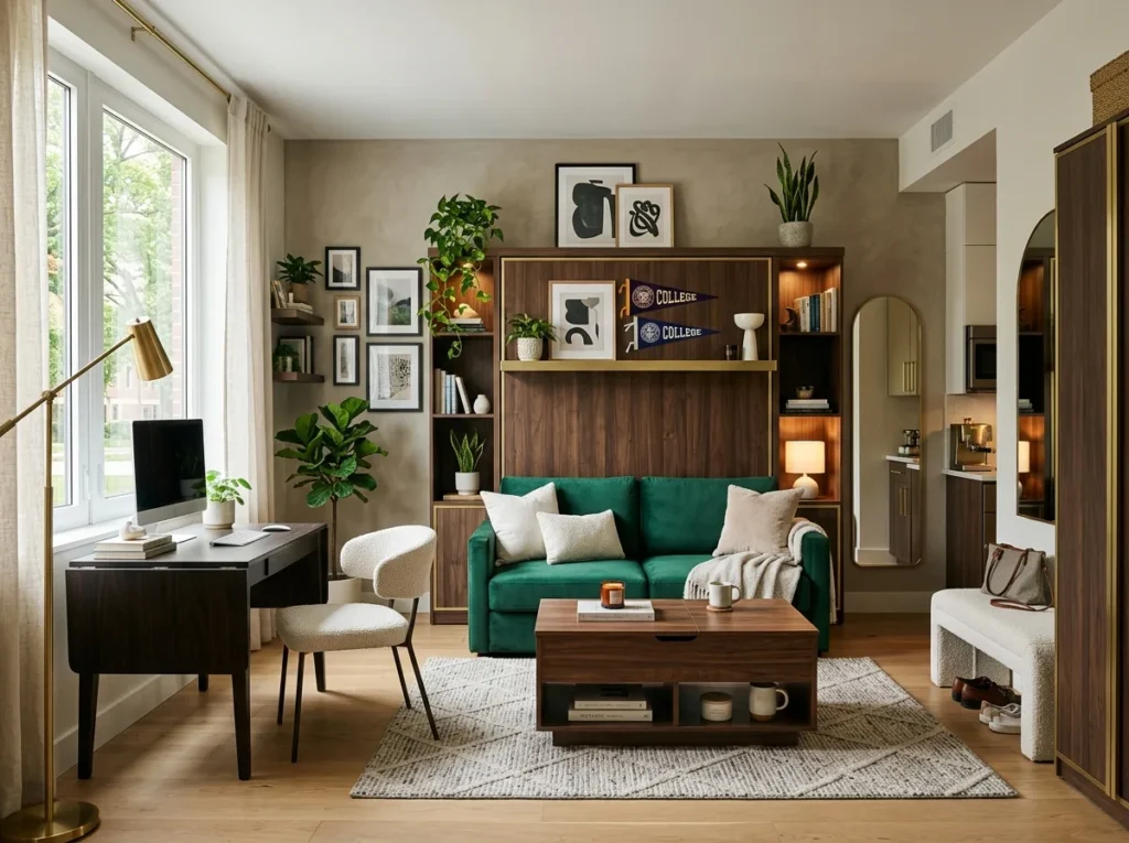 Cozy college apartment decor ideas with stylish furniture, warm lighting, aesthetic wall decor, and smart storage for student living spaces