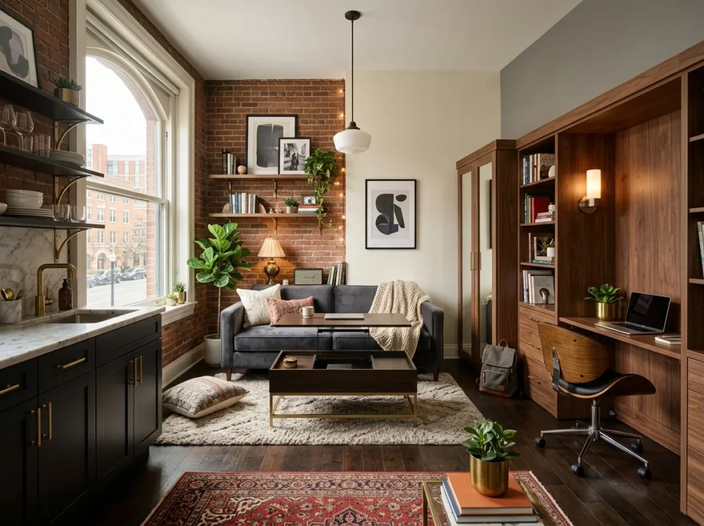 Cozy college apartment decor ideas with stylish furniture, warm lighting, aesthetic wall decor, and smart storage for student living spaces