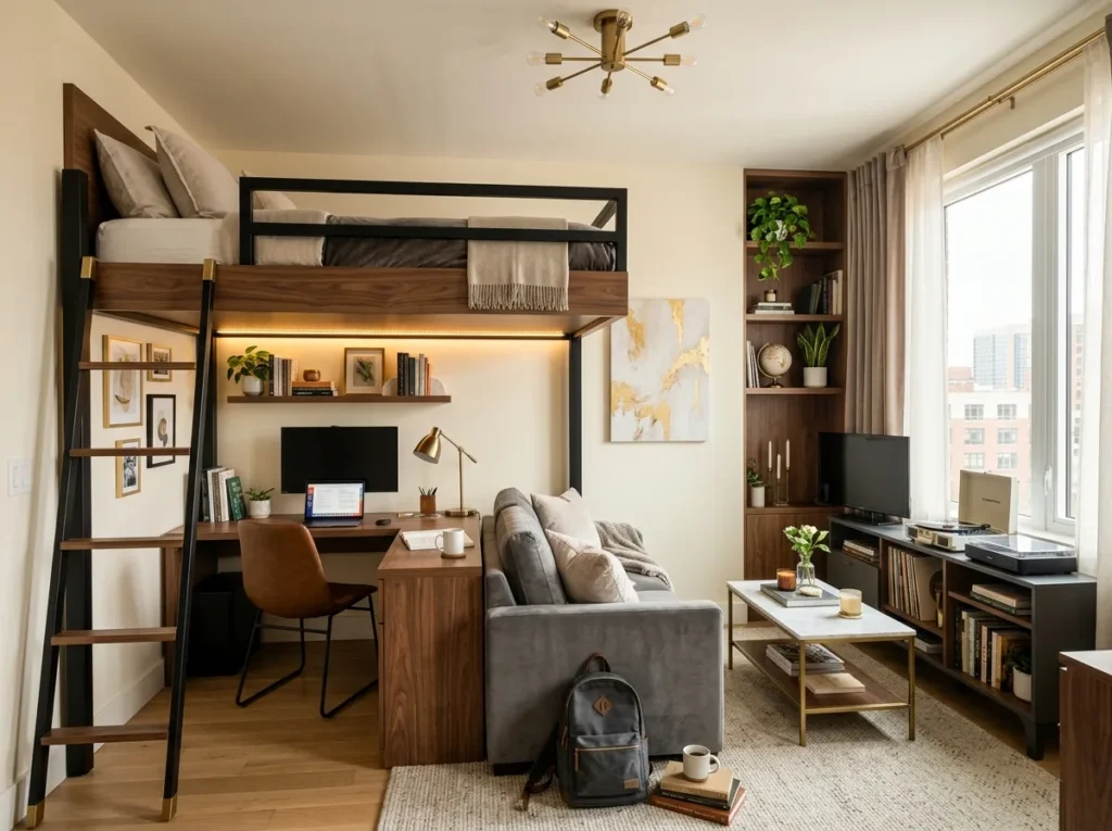 Cozy college apartment decor ideas with stylish furniture, warm lighting, aesthetic wall decor, and smart storage for student living spaces