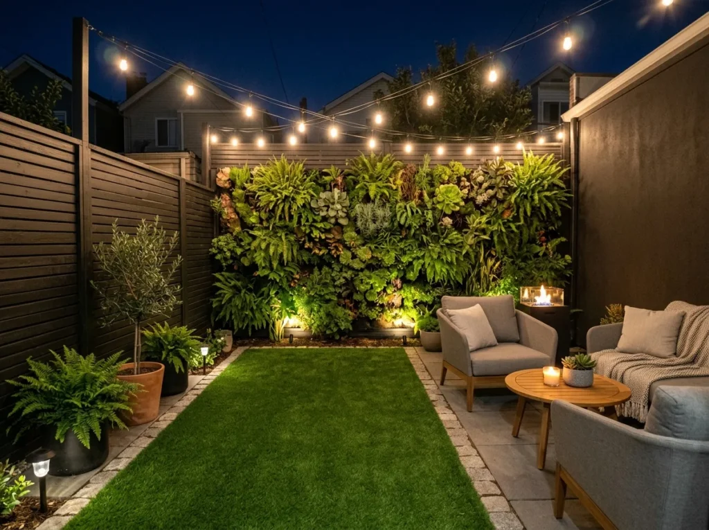 outdoor lighting ideas for cozy backyard patio with warm lights and modern garden design