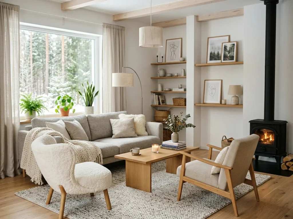 Beautiful Scandinavian interior design ideas featuring cozy modern home decor with neutral tones, minimalist furniture, natural wood accents, and bright spaces.