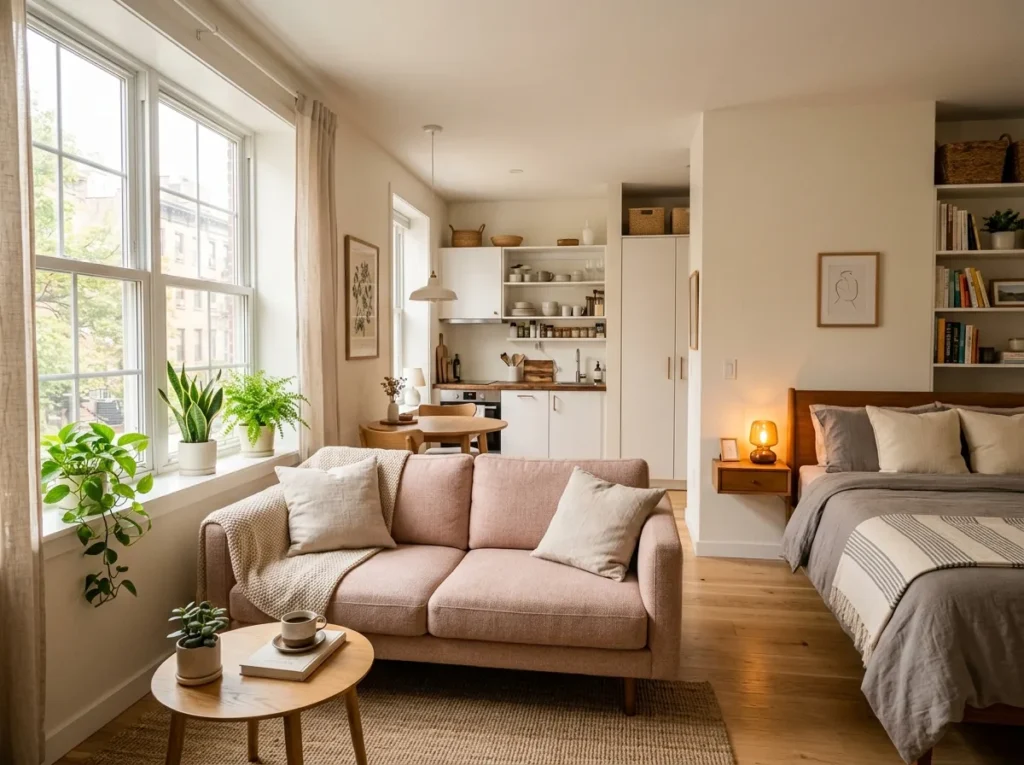 bright minimal studio apartment with open floor space and light colors