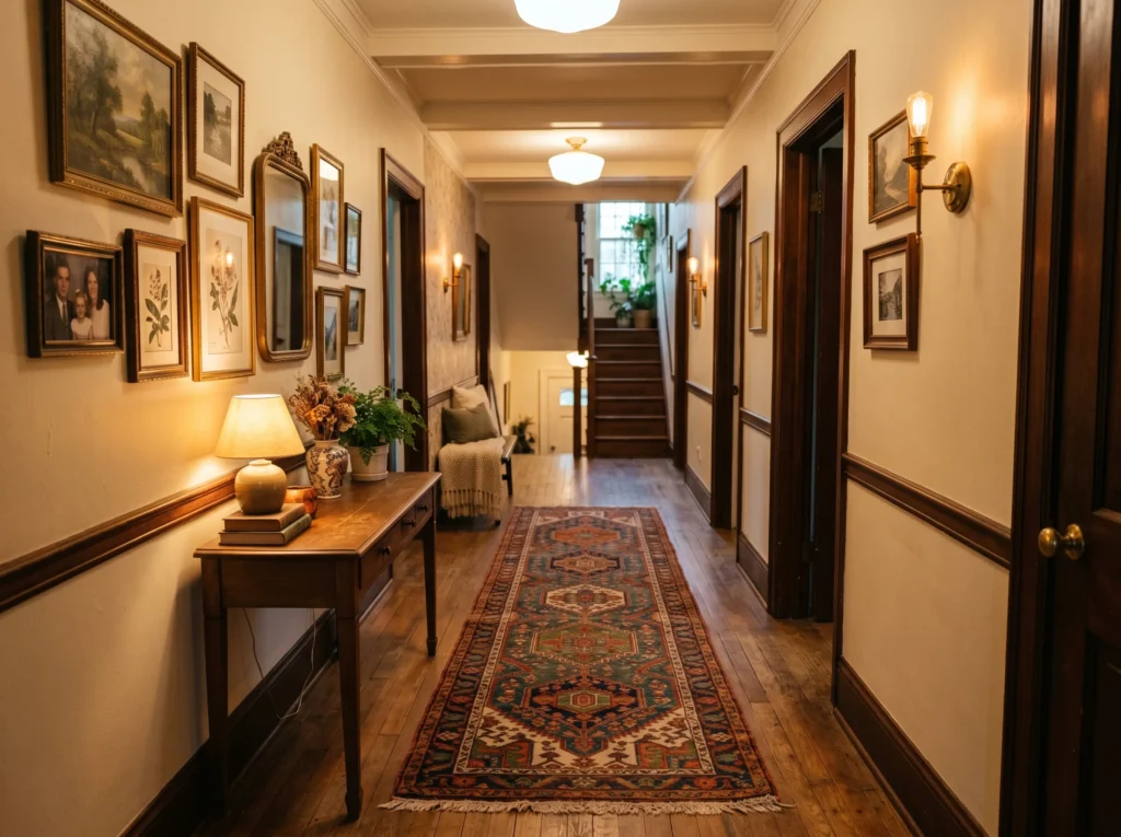 entryway decor ideas with stylish console table, mirror, plants, and warm lighting creating a welcoming home entrance