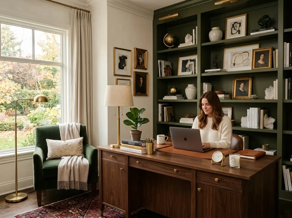 small home office ideas with modern desk setup, space-saving storage, and stylish workspace design