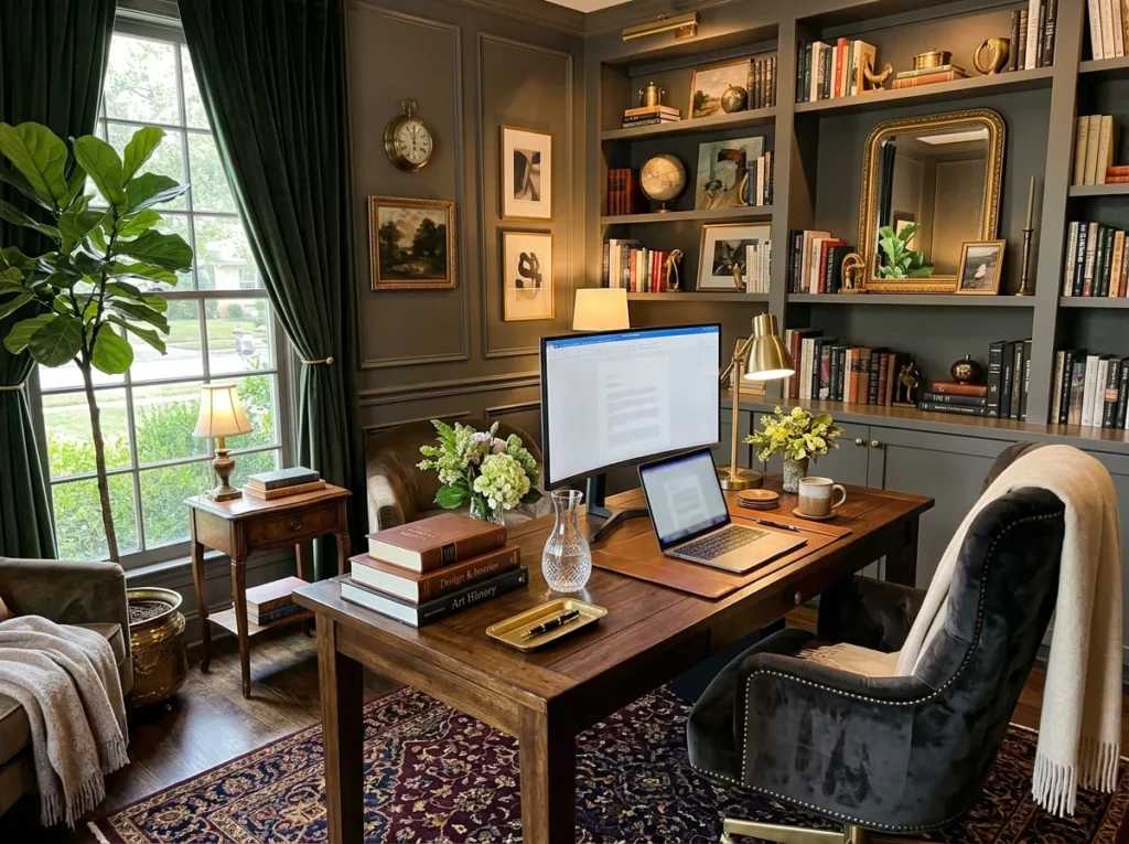 small home office ideas with modern desk setup, space-saving storage, and stylish workspace design