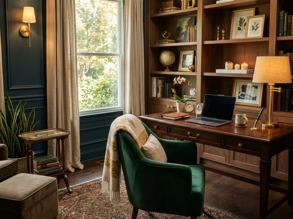small home office ideas with modern desk setup, space-saving storage, and stylish workspace design