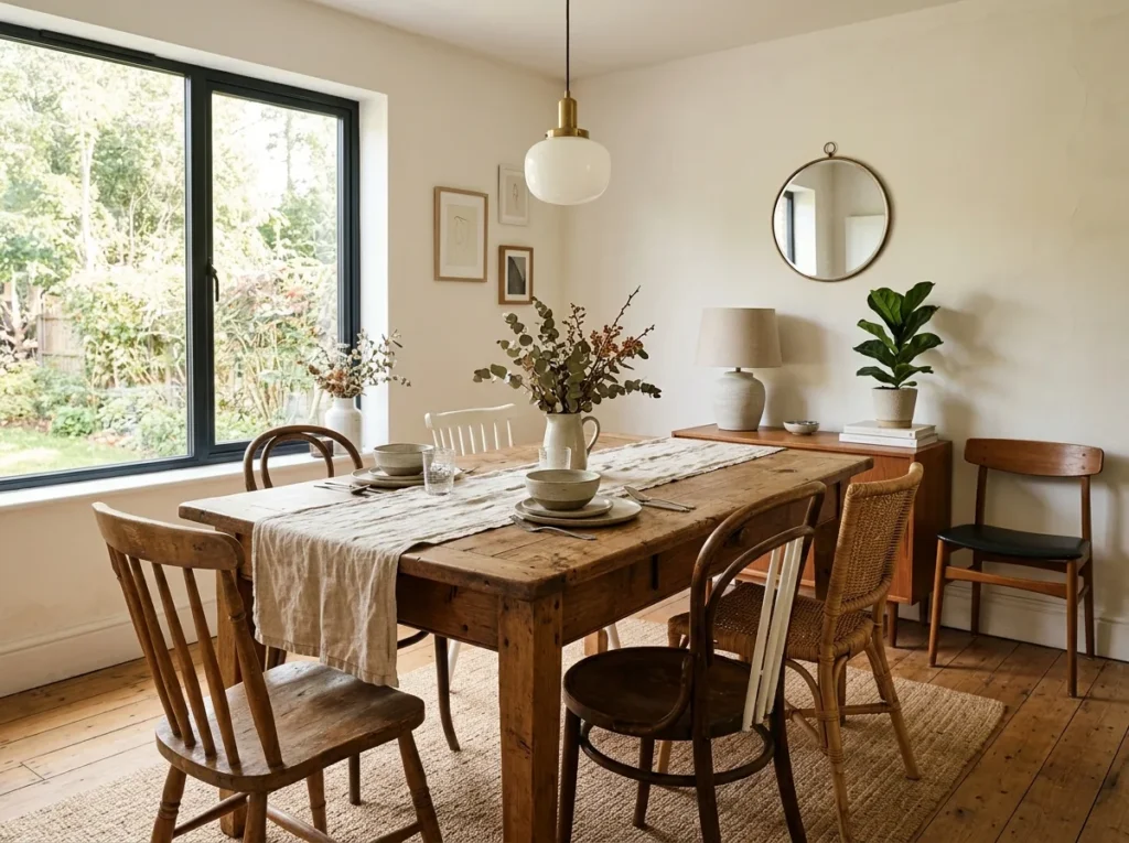 Rustic thrifted dining table styled in a cozy budget home dining room, affordable home decor ideas, warm natural wood furniture, farmhouse modern interior styling, soft sunlight aesthetic