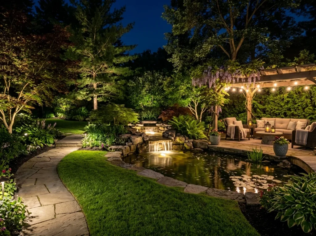 outdoor lighting ideas for cozy backyard patio with warm lights and modern garden design