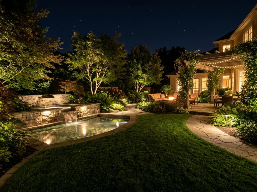 outdoor lighting ideas for cozy backyard patio with warm lights and modern garden design