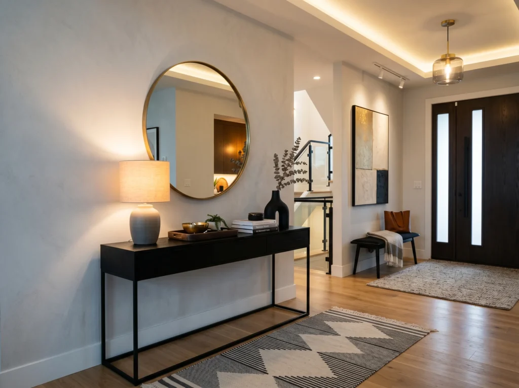 entryway decor ideas with stylish console table, mirror, plants, and warm lighting creating a welcoming home entrance