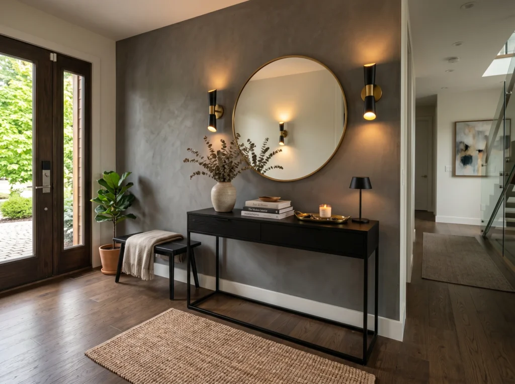 entryway decor ideas with stylish console table, mirror, plants, and warm lighting creating a welcoming home entrance