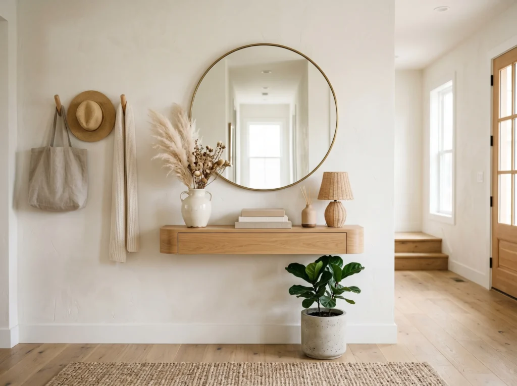 entryway decor ideas with stylish console table, mirror, plants, and warm lighting creating a welcoming home entrance