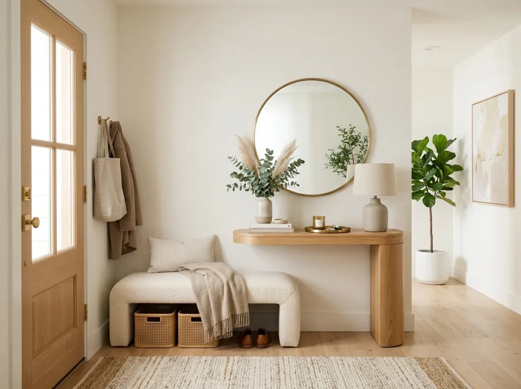 entryway decor ideas with stylish console table, mirror, plants, and warm lighting creating a welcoming home entrance