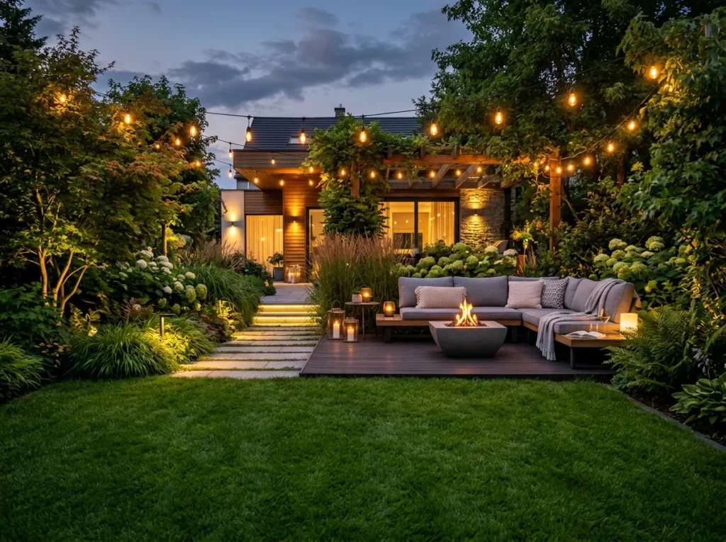 outdoor lighting ideas for cozy backyard patio with warm lights and modern garden design