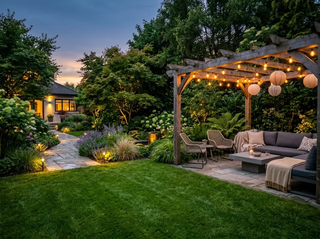 outdoor lighting ideas for cozy backyard patio with warm lights and modern garden design