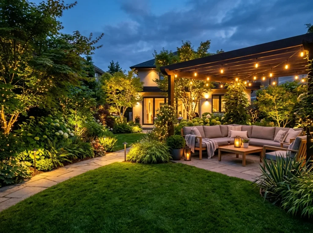 outdoor lighting ideas for cozy backyard patio with warm lights and modern garden design