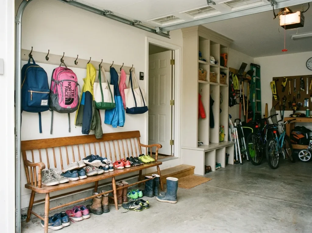 Tiny garage entry makeover with smart mudroom ideas, storage bench, wall hooks, baskets, and stylish organization for a small functional entryway.