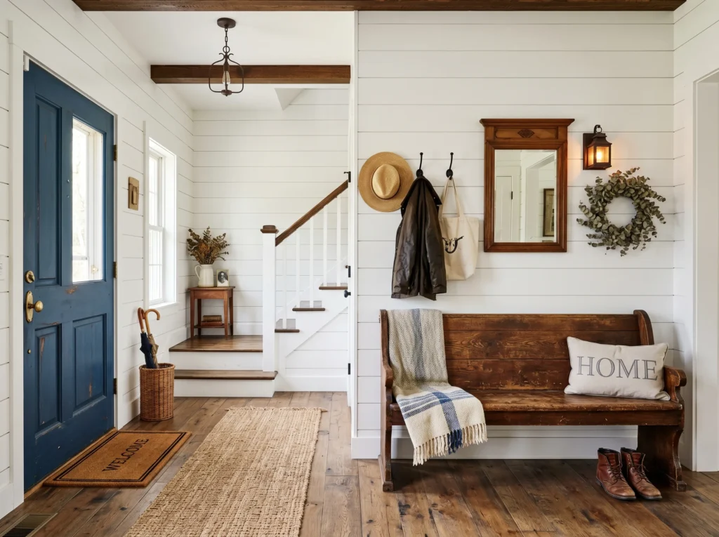 entryway decor ideas with stylish console table, mirror, plants, and warm lighting creating a welcoming home entrance