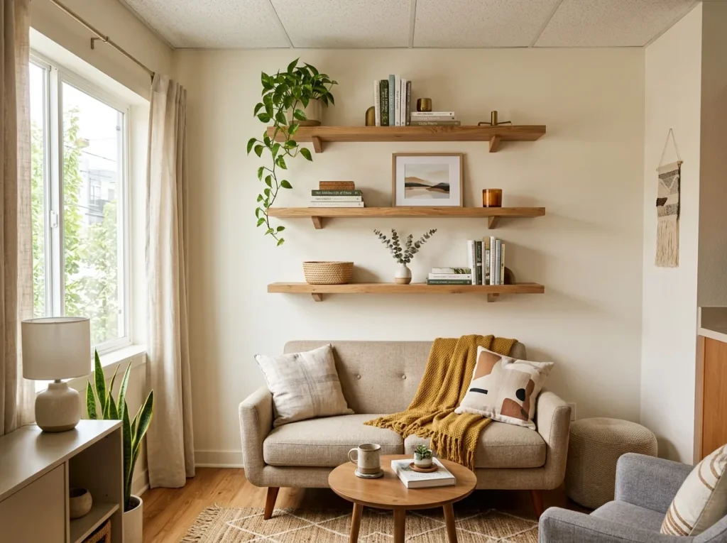 vertical floating shelves in a small living room maximizing wall storage space