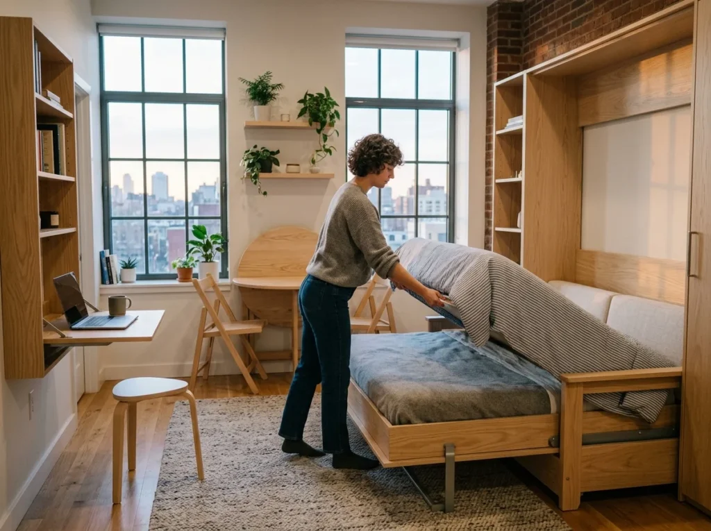 multifunctional folding furniture with hidden storage in a small apartment