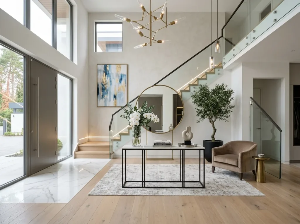 Luxury foyer decor ideas with modern entryway table, elegant lighting, stylish mirror, and cozy neutral home accents