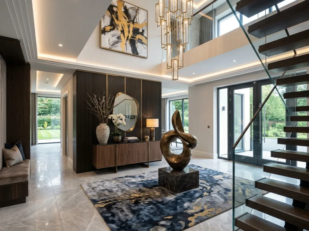 Luxury foyer decor ideas with modern entryway table, elegant lighting, stylish mirror, and cozy neutral home accents