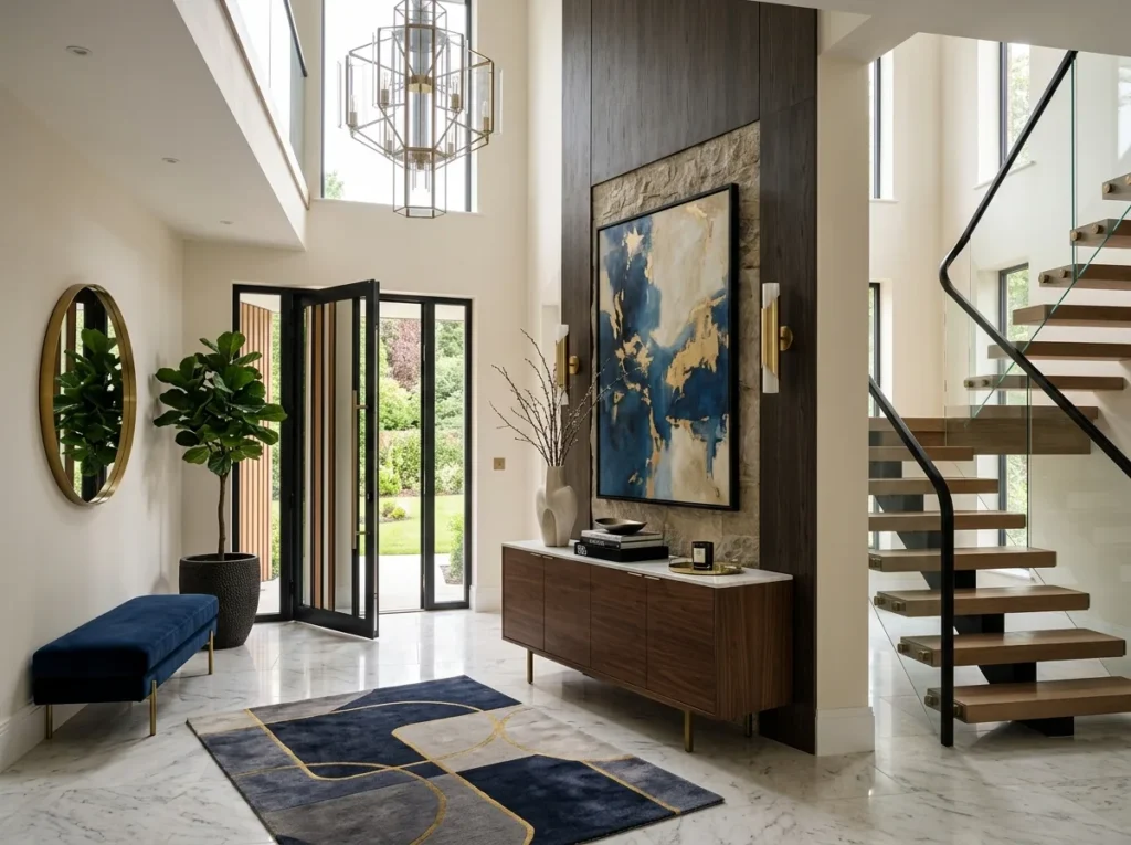 Luxury foyer decor ideas with modern entryway table, elegant lighting, stylish mirror, and cozy neutral home accents