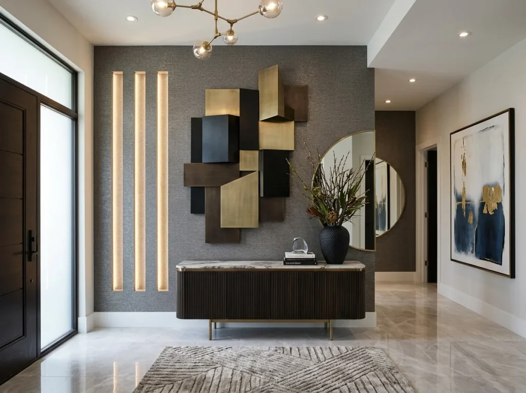 Luxury foyer decor ideas with modern entryway table, elegant lighting, stylish mirror, and cozy neutral home accents