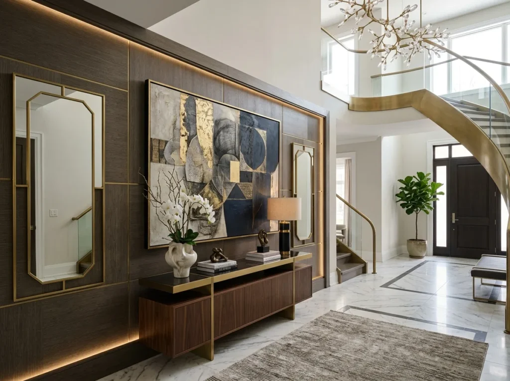 Luxury foyer decor ideas with modern entryway table, elegant lighting, stylish mirror, and cozy neutral home accents