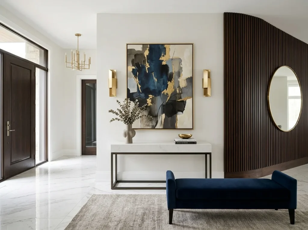 Luxury foyer decor ideas with modern entryway table, elegant lighting, stylish mirror, and cozy neutral home accents