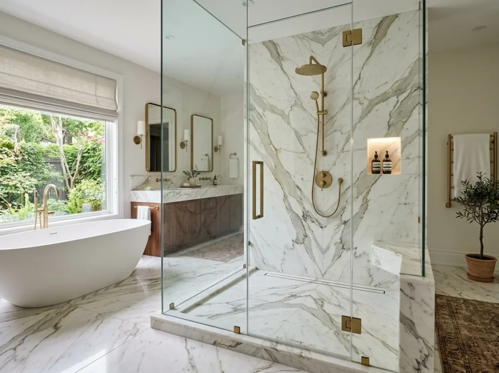 Modern walk in shower ideas with glass enclosure, luxury tiles, rainfall showerhead, and relaxing spa-inspired bathroom decor