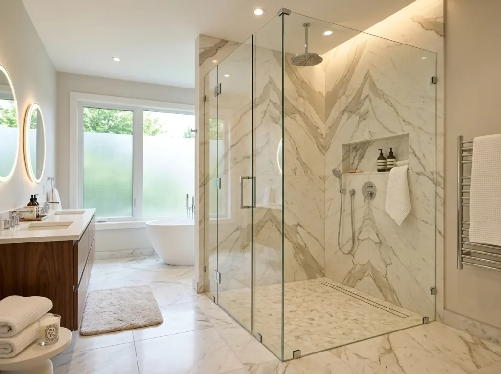Modern walk in shower ideas with glass enclosure, luxury tiles, rainfall showerhead, and relaxing spa-inspired bathroom decor