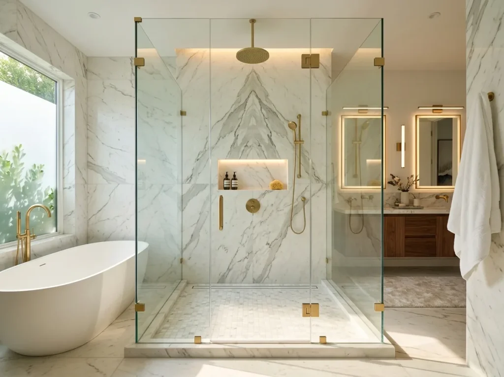 Modern walk in shower ideas with glass enclosure, luxury tiles, rainfall showerhead, and relaxing spa-inspired bathroom decor