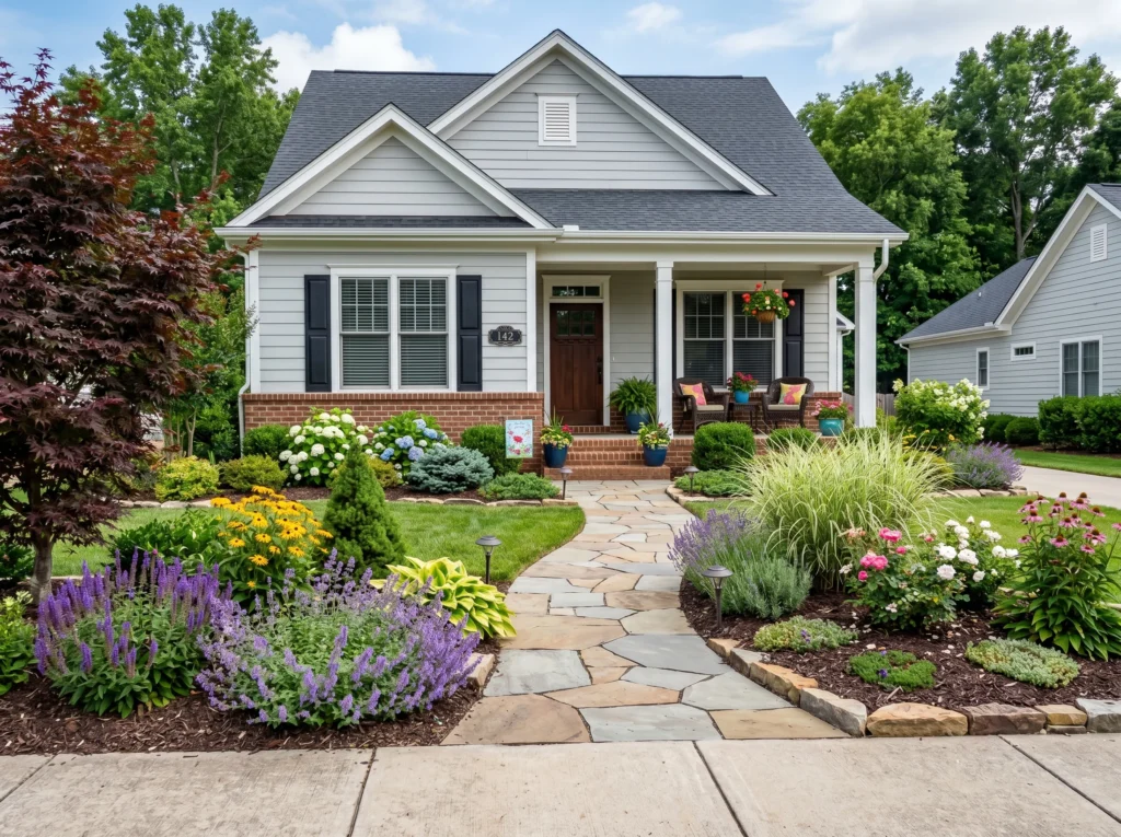 front yard landscaping ideas with modern plants, pathway lighting, and stylish curb appeal design