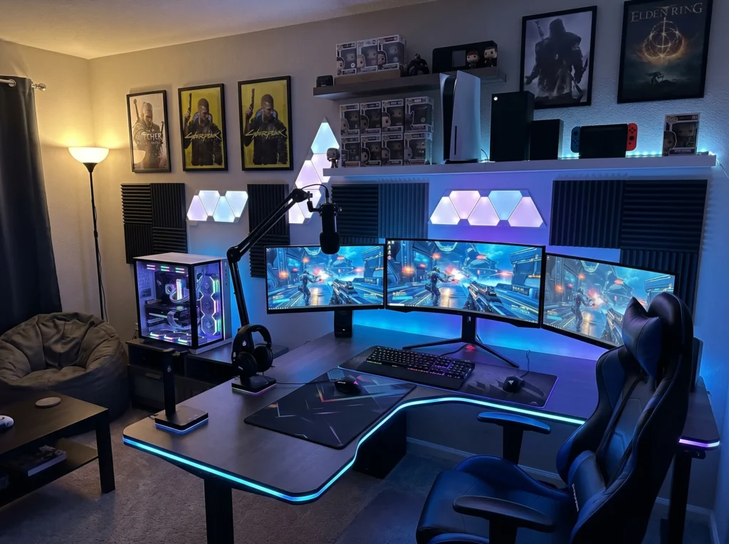 gaming room setup ideas with LED lights, modern desk, dual monitors and stylish gaming decor for an epic gaming space