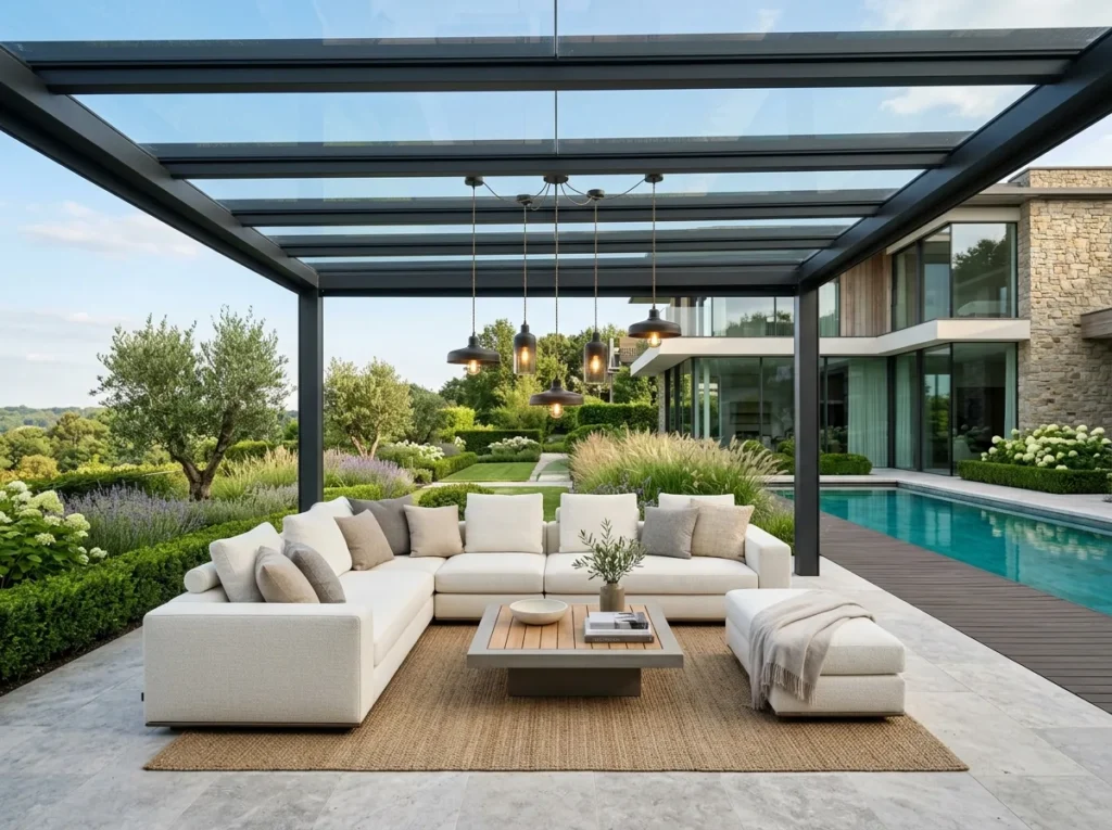 Modern white pergola by a luxury pool with stylish seating and tropical plants.