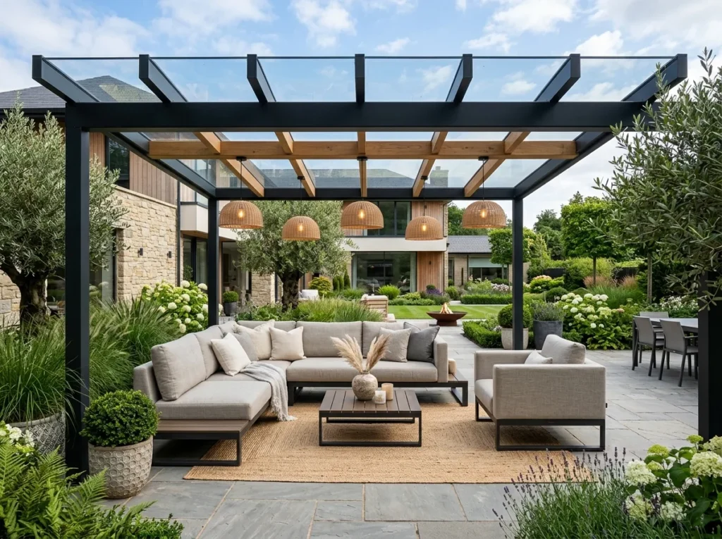 Luxury backyard pergola with white beams, elegant seating, marble fire pit, and warm outdoor lighting.