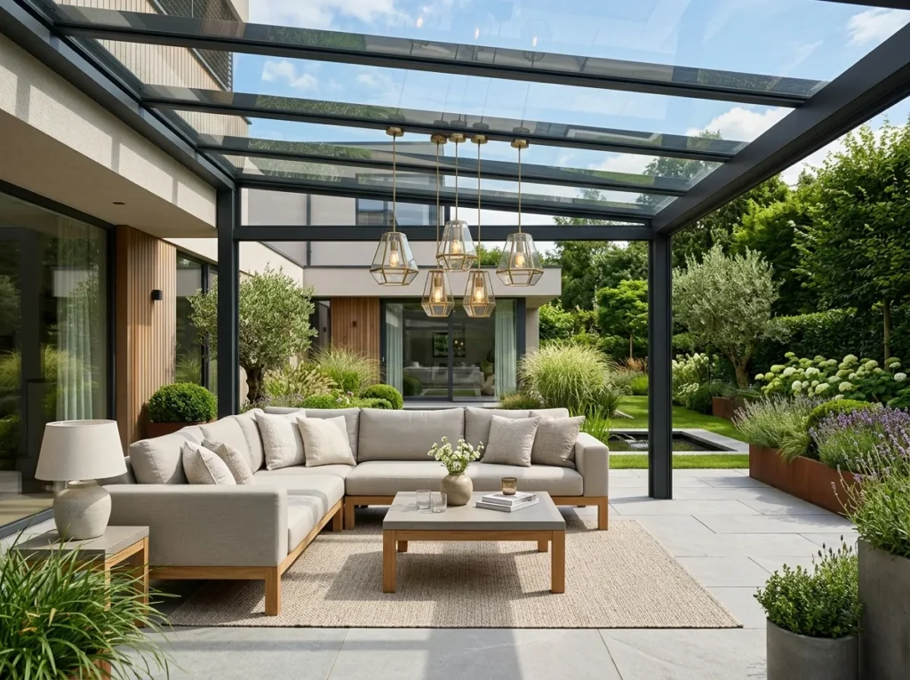 Rustic cedar pergola with fireplace and cozy neutral luxury outdoor seating.