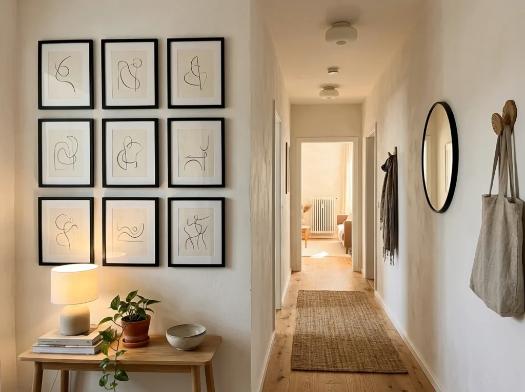 Minimalist hallway with DIY gallery wall of black frames and line art, affordable home decor ideas, modern Scandinavian interior design, budget wall decor styling, clean and cozy home aesthetic