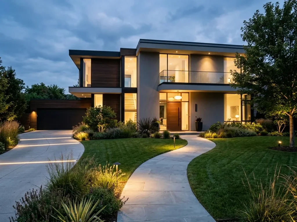 outdoor lighting ideas for cozy backyard patio with warm lights and modern garden design