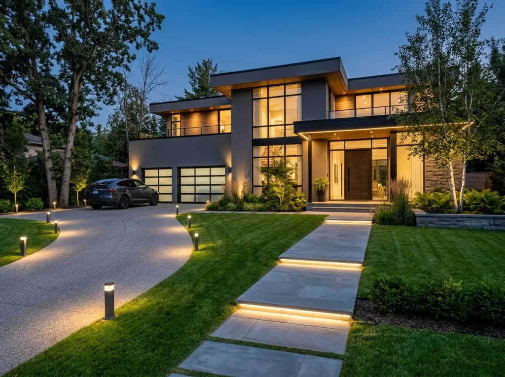 outdoor lighting ideas for cozy backyard patio with warm lights and modern garden design