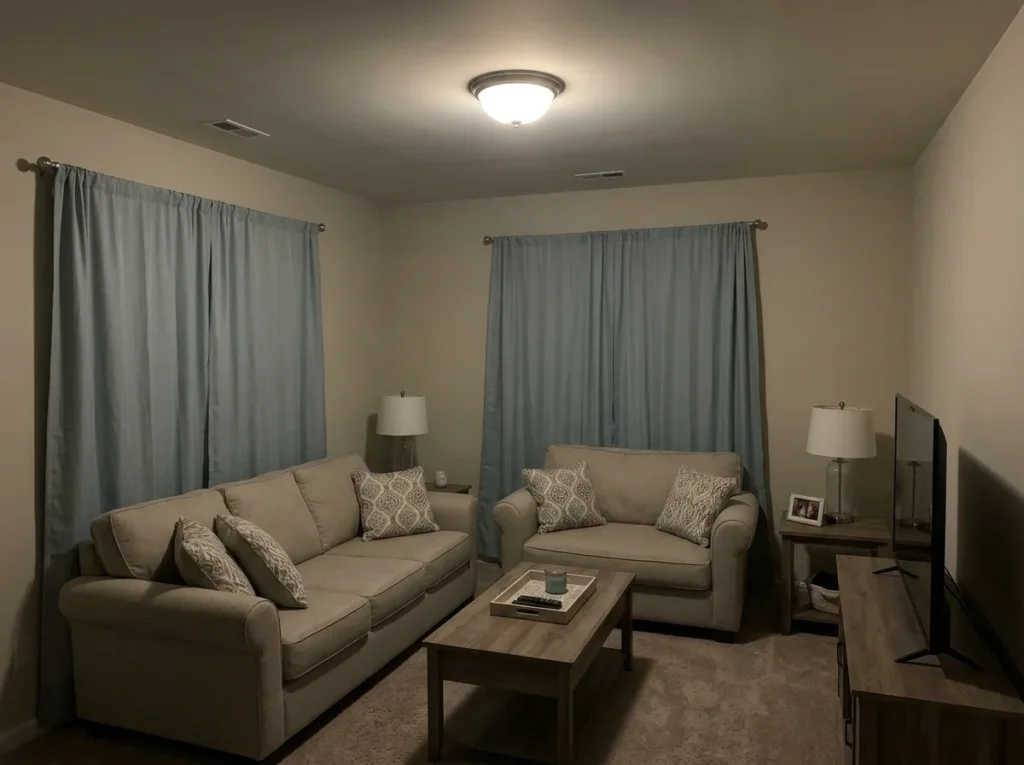 Cozy living room with layered lighting design including floor lamp and table lamp, warm home lighting ideas, budget interior decor, soft glowing evening atmosphere, modern small space styling