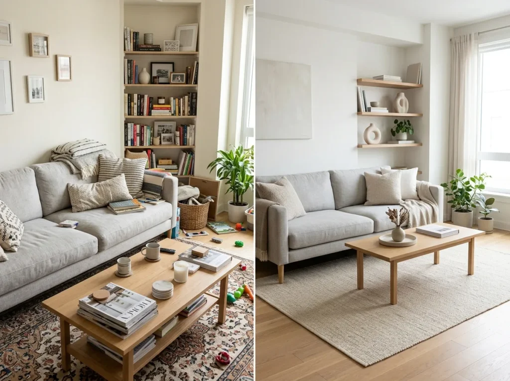 Minimalist decluttered living room showing clean and airy budget home decor transformation, before and after styling concept, modern small space interior design, calm neutral aesthetic home styling